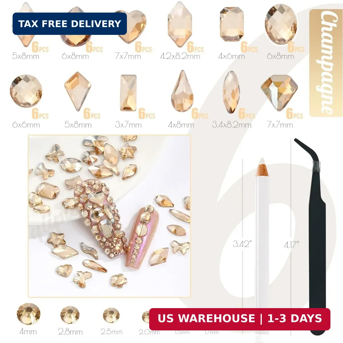 qiipii 2052Pcs Golden Rhinestones for Nails 72pcs Multi Shapes Crystal Flatback