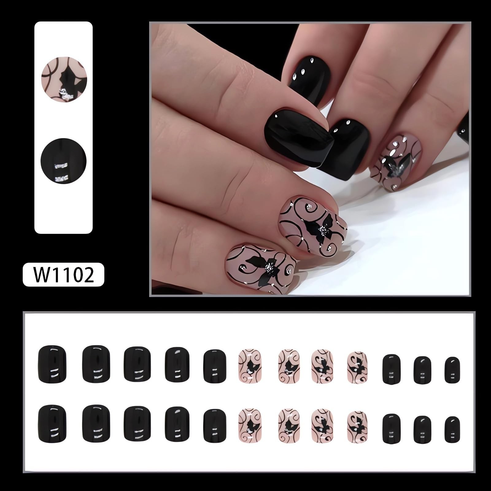 Extra Short Press on Nails Square Black Fake Nails Glossy Acrylic Glue on Nai…