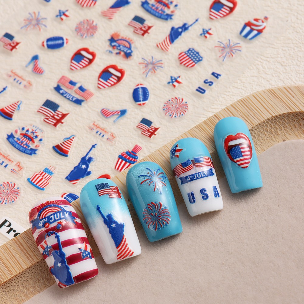6 Sheets 4th of July Nail Art Stickers 3D Decals Red Blue White American Flags