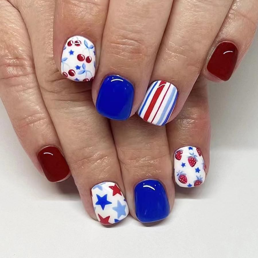 24Pcs 4th of July Press on Nails – Blue Red Short Square Acrylic False Style11