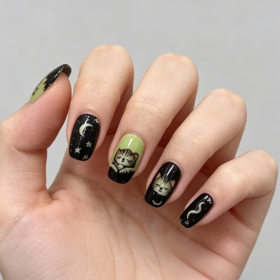 48Pcs-Medium Square Black Green Moon Sleeping Cat Hand Painted Press on Nails