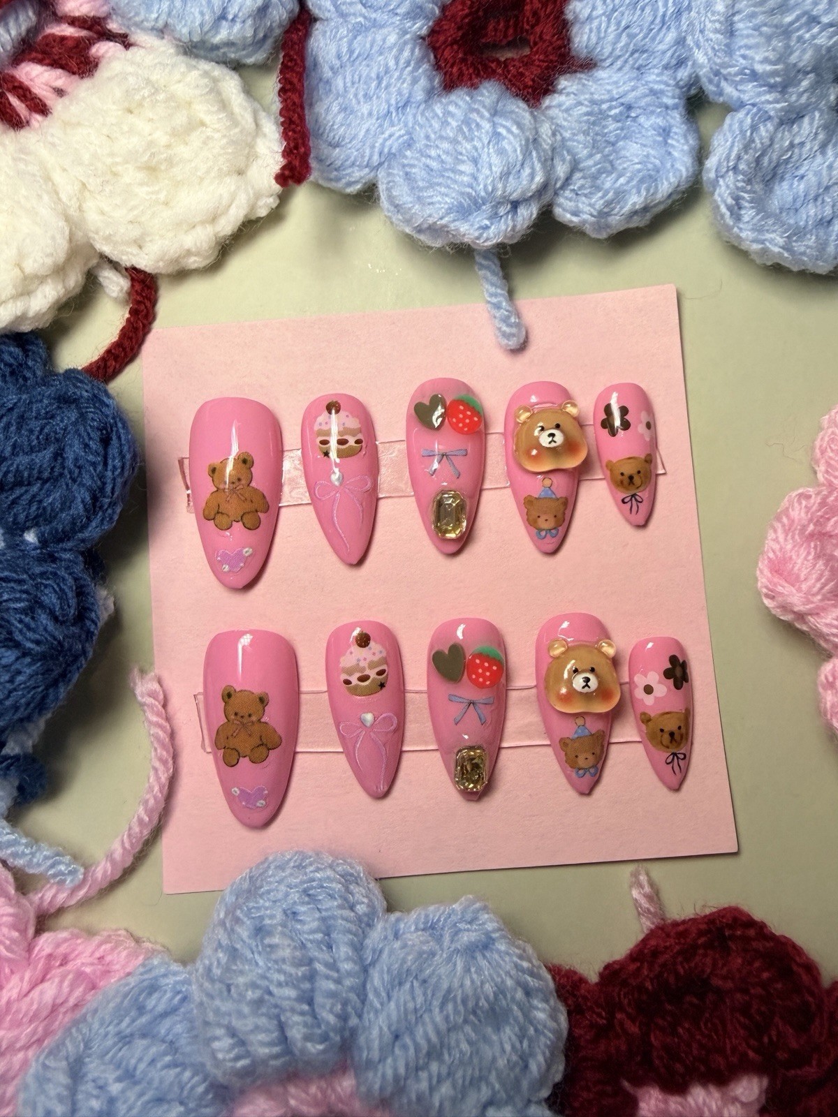 Pink 3D Teddy Bear Long Coffin Full Cover Press On Nail Tips Set