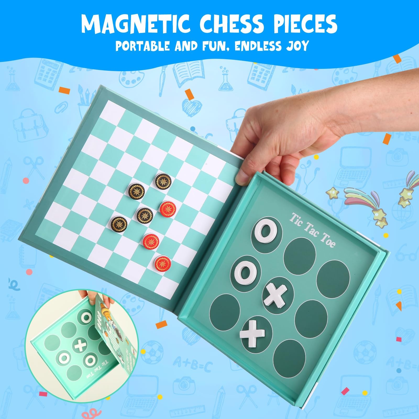 2-in-1 Magnetic Checkers & Tic-Tac-Toe Board Game | Portable,