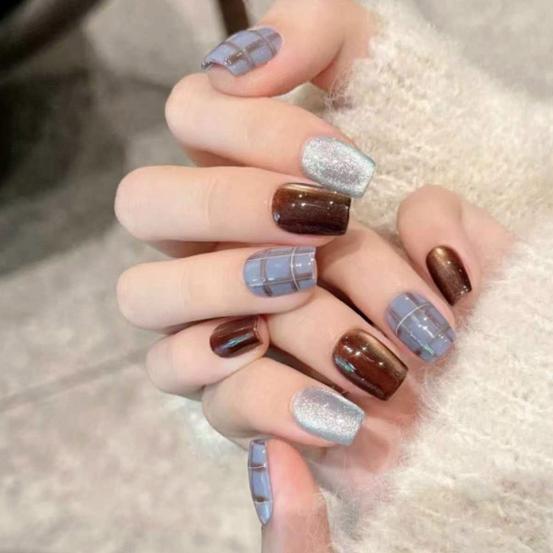 Square Press on Nail Cats Eye Fake Nail with Designs Full Cover Glues on Nail