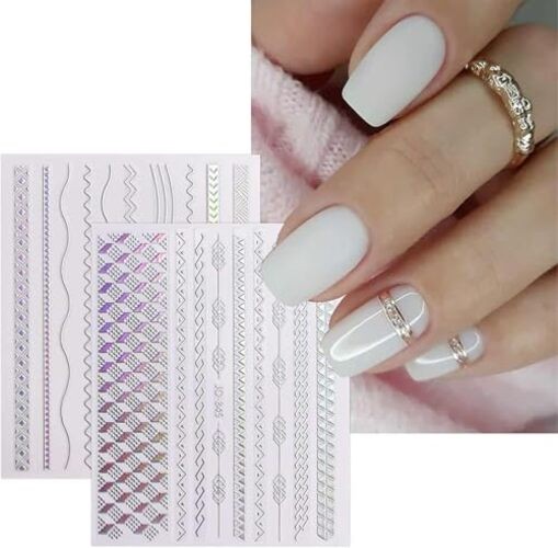 12 Sheets Nail Art Stickers Decals 3D Self Adhesive Silver Line Star Aurora