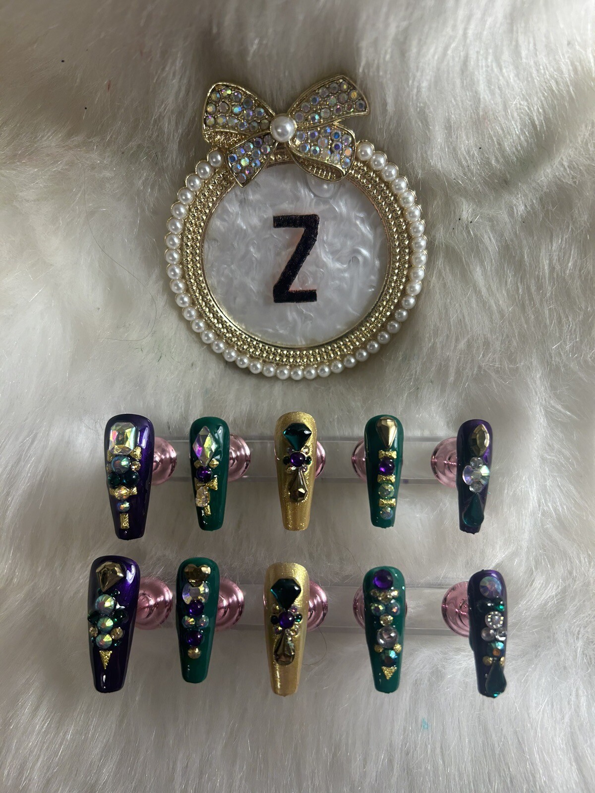 Z NAILZ! Gorgeous Set Of L Ballerina Mardi Gras Heavily Jeweled Press On Nails