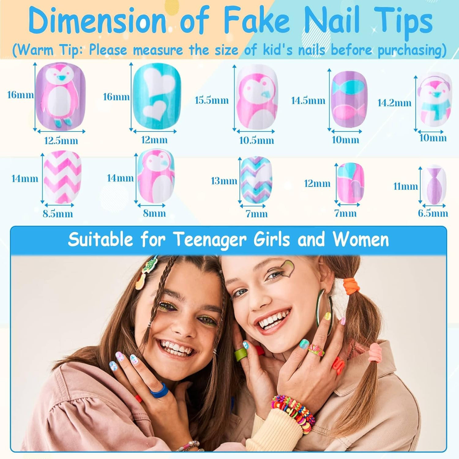 144 Pieces Press on Nails for Kids – Short Acrylic False Nail Tips (Rainbow Sky)