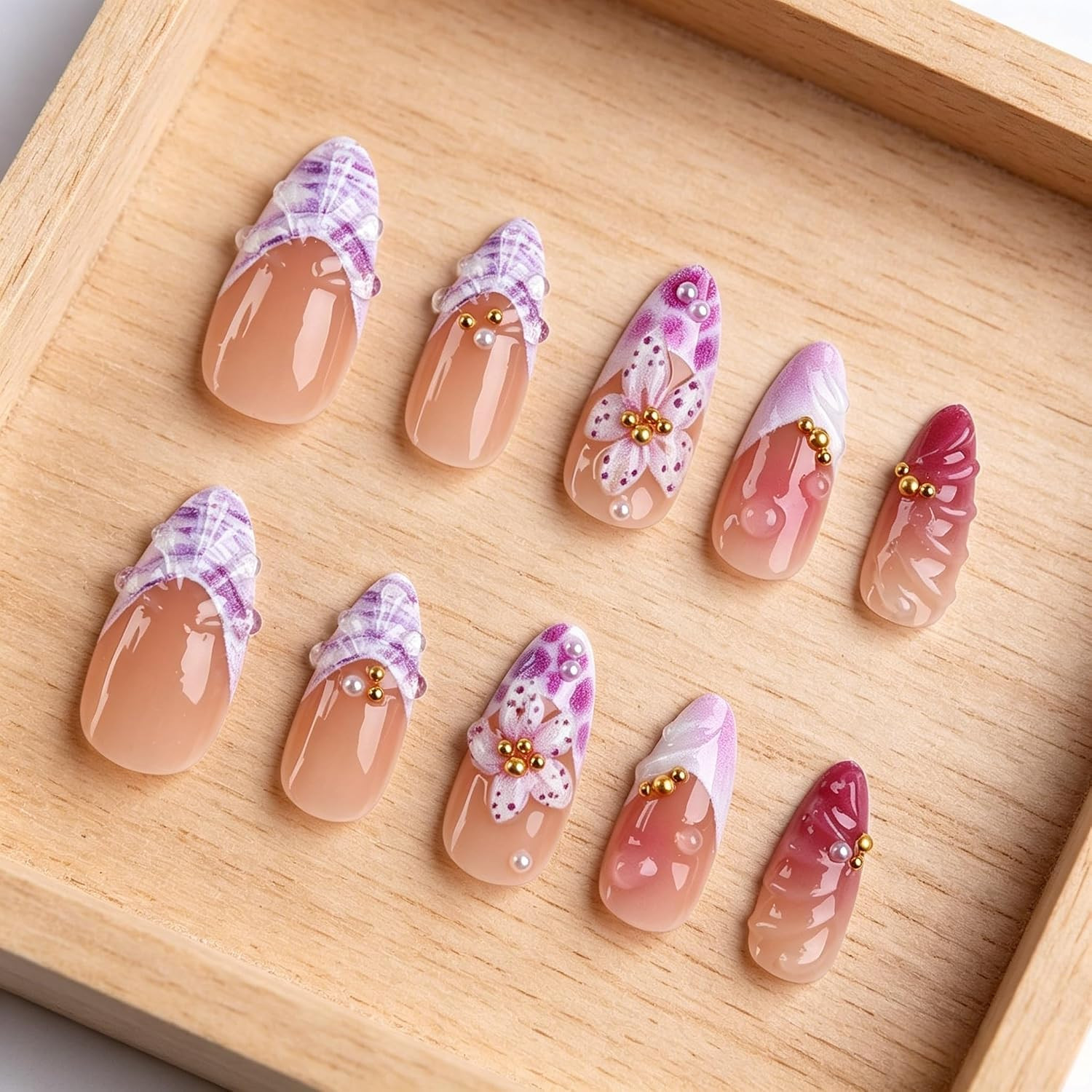 24Pcs Purple Pink Press on Nails Almond Medium 3D Embossed Lavender Fake Nail Sp