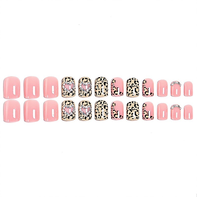 48pcs-Press on Nails Pink Nude Leopard Print Heart Rhinestone Short Square Set
