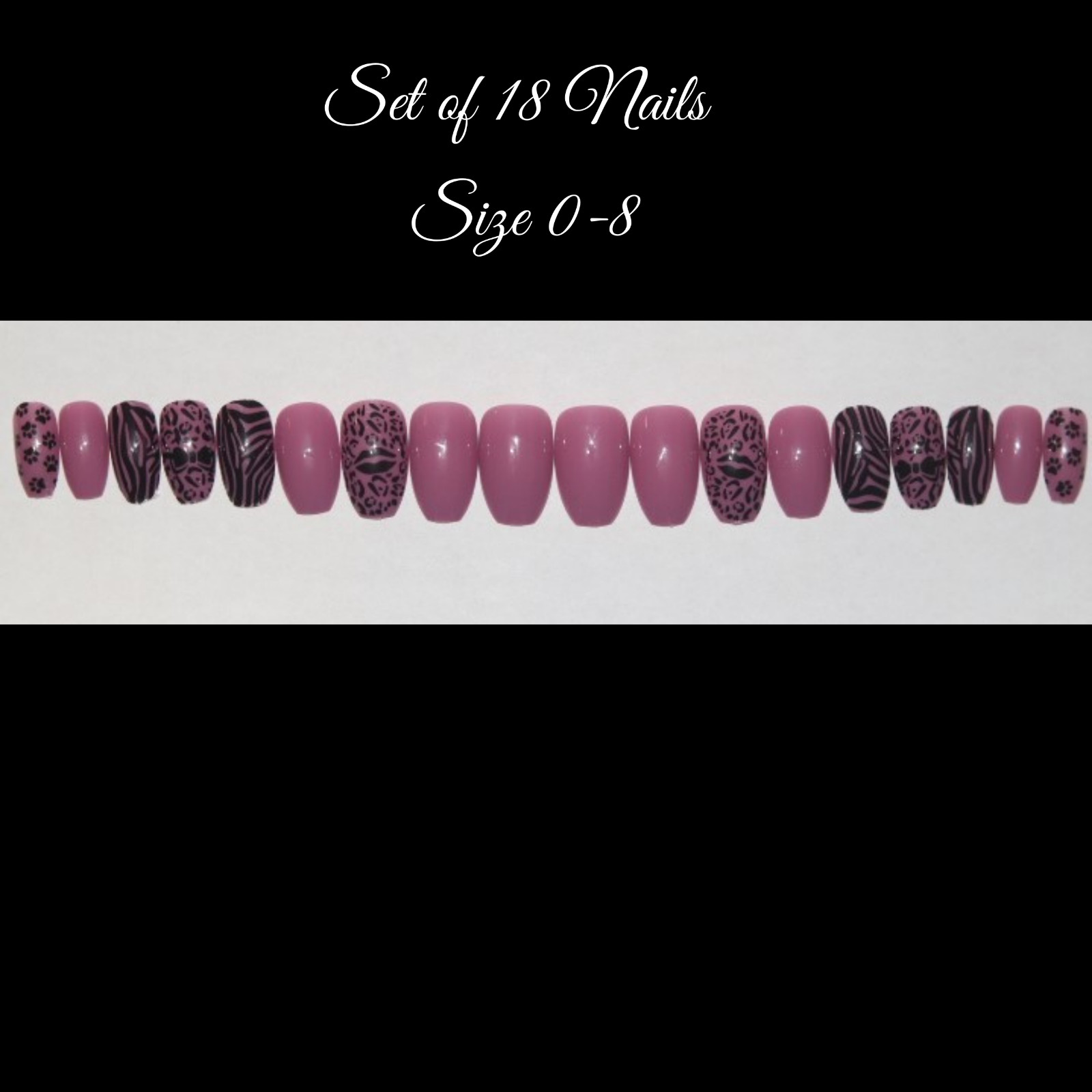 Pink leopard and zebra print- press on nail set- Set of 18 sizes 0-8