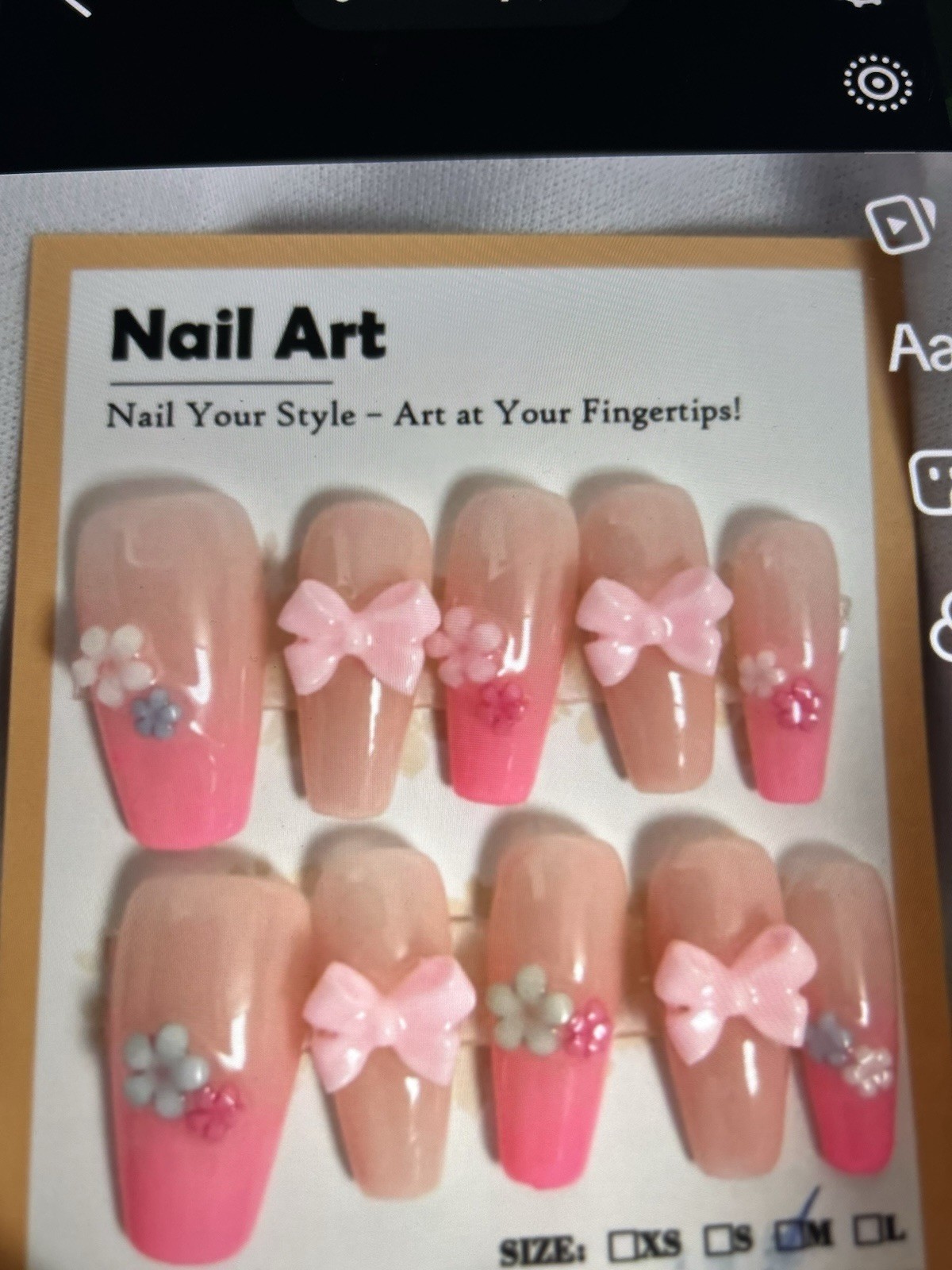 3D Pink Nude Ombre Bow Flower Press-On Nails Coffin Medium Full Cover