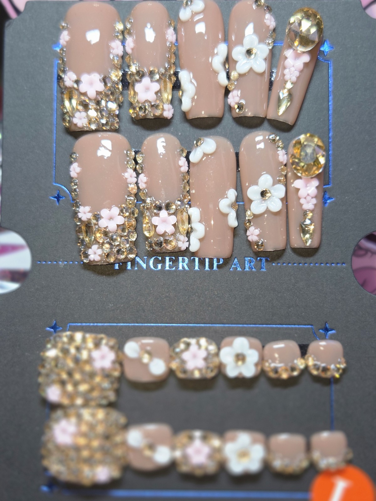 Press-On Nails Handmade Large Square Gold rhinestones matchin toenail set