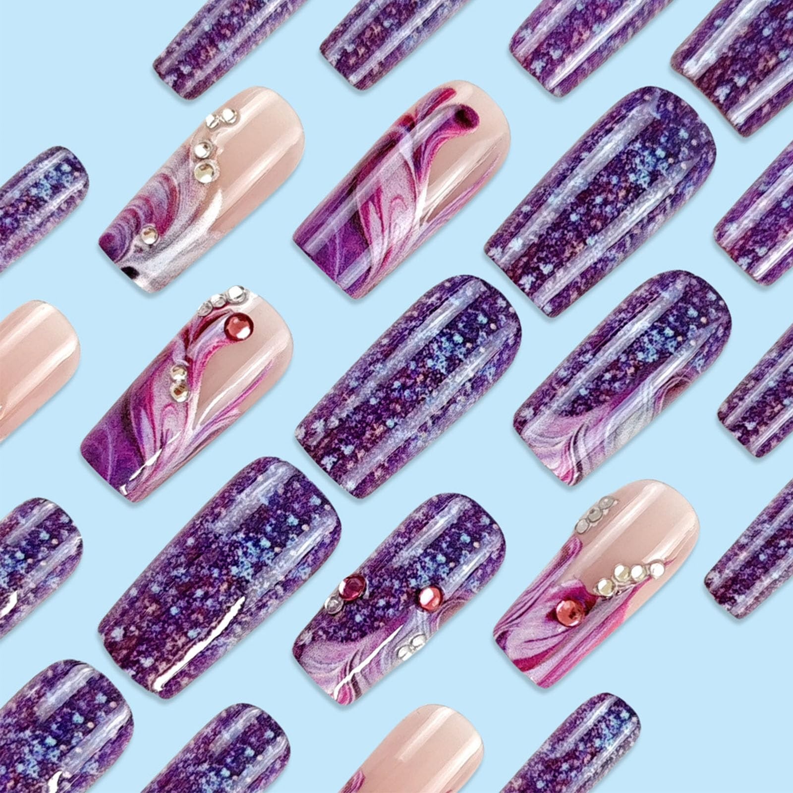 Purple Curve Line Press on Nails Glossy Red Gradient Stick on Nail Starry Sky…