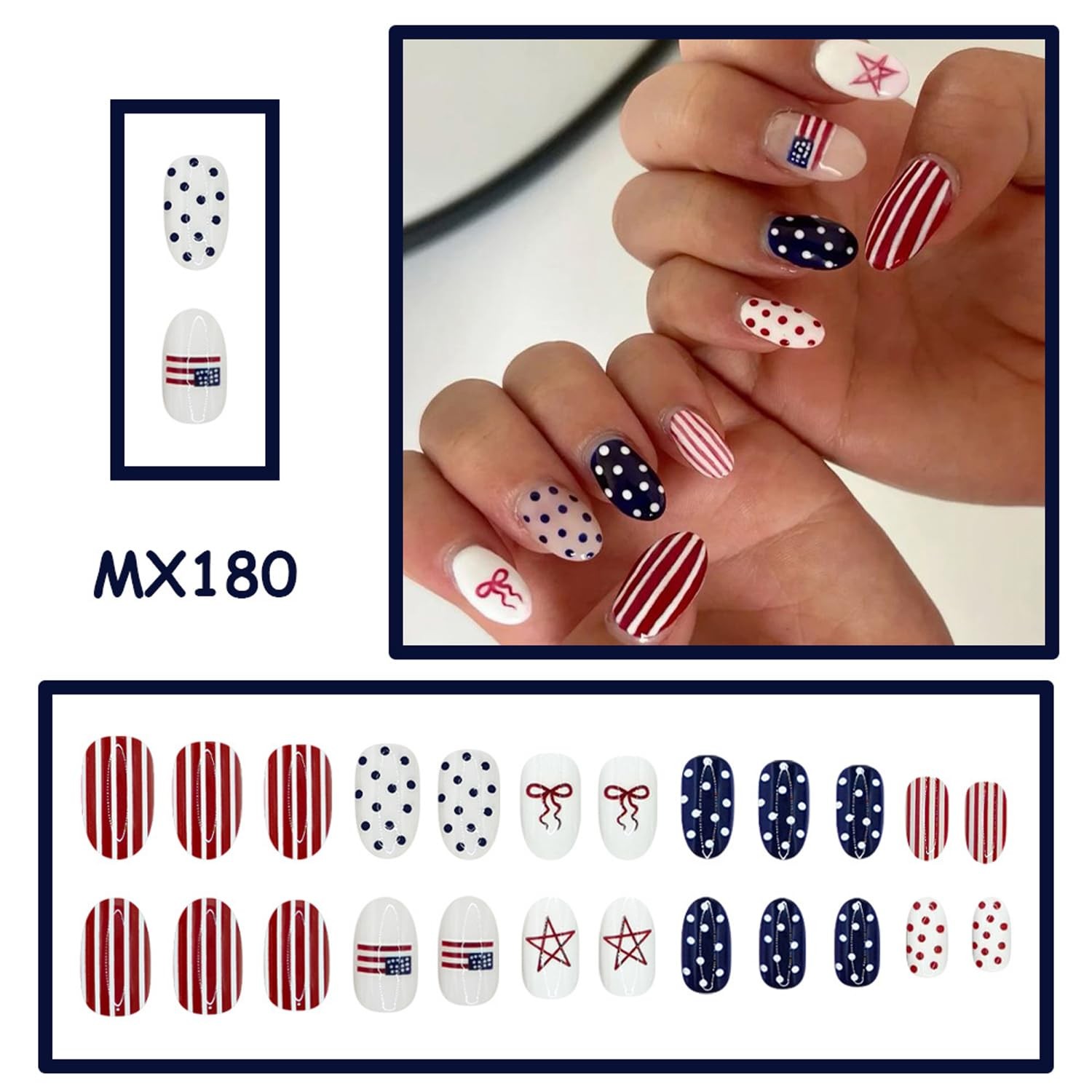 Independence Day Patriotism Press on Nails Red Blue White Series Fake Nails P…