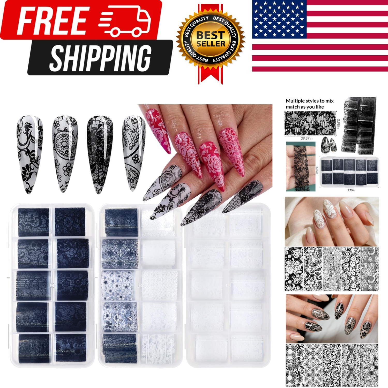 Lace Transfer Nail Foil White and Black Nail Transfer Foil Sticker, Flower Na…