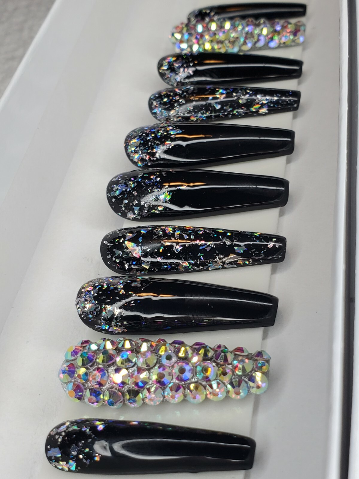 Black holographic glitter bling press on nails holo diamond crystal ballerina