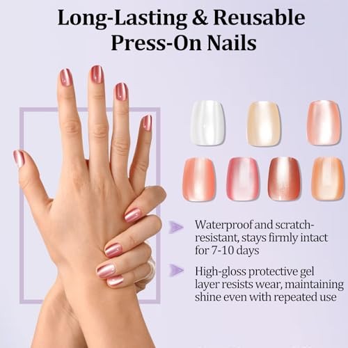 210pcs Cat Eye Press on Nails for Women – 7 Colors – Short Square – Nude Series