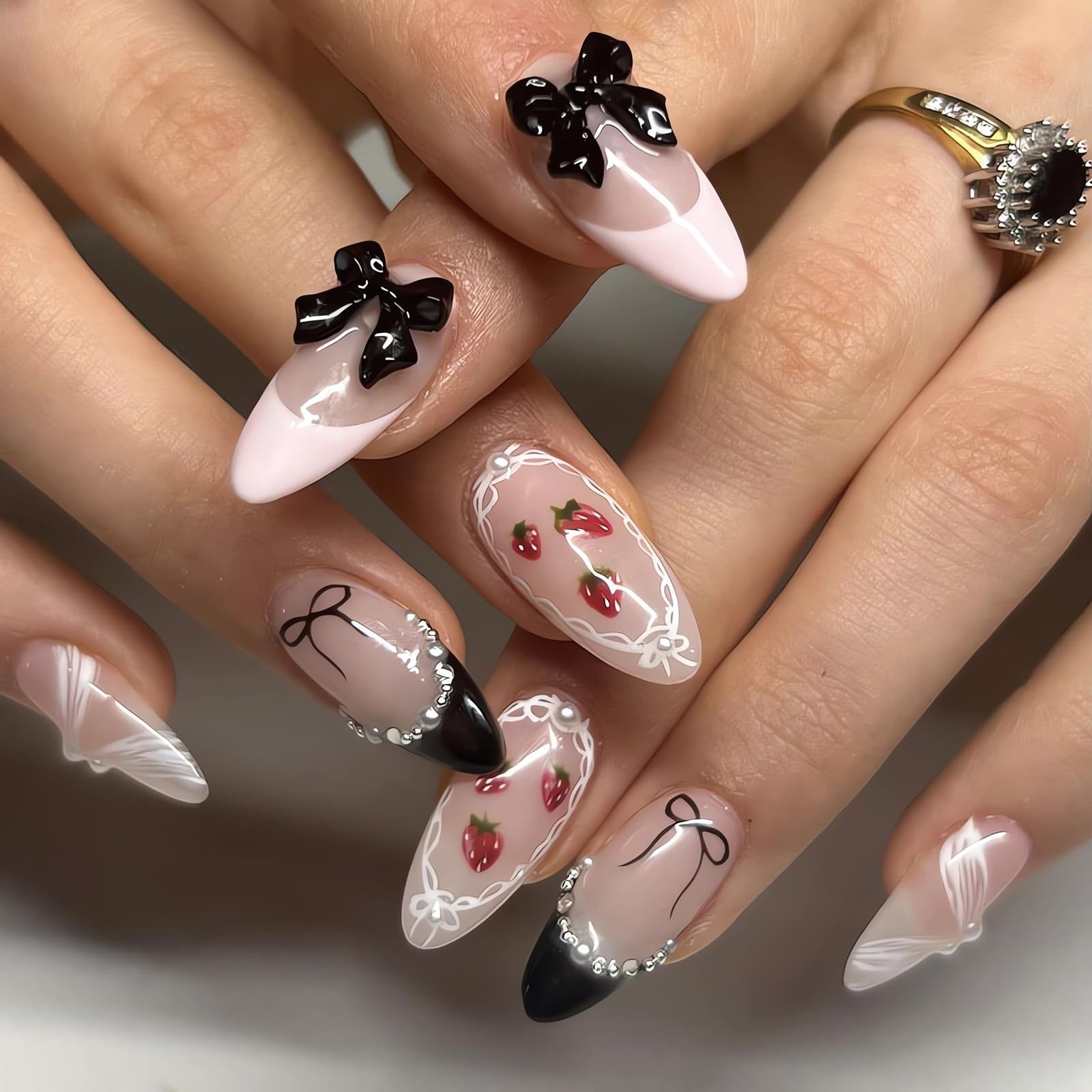 Black French Tip Press on Nails Medium Almond Shape Fake Nails Full Cover Fal…