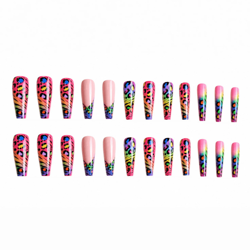 48 Pcs Rainbow Leopard Coffin Press on Nails, Trendy Y2K Summer Fake Nails
