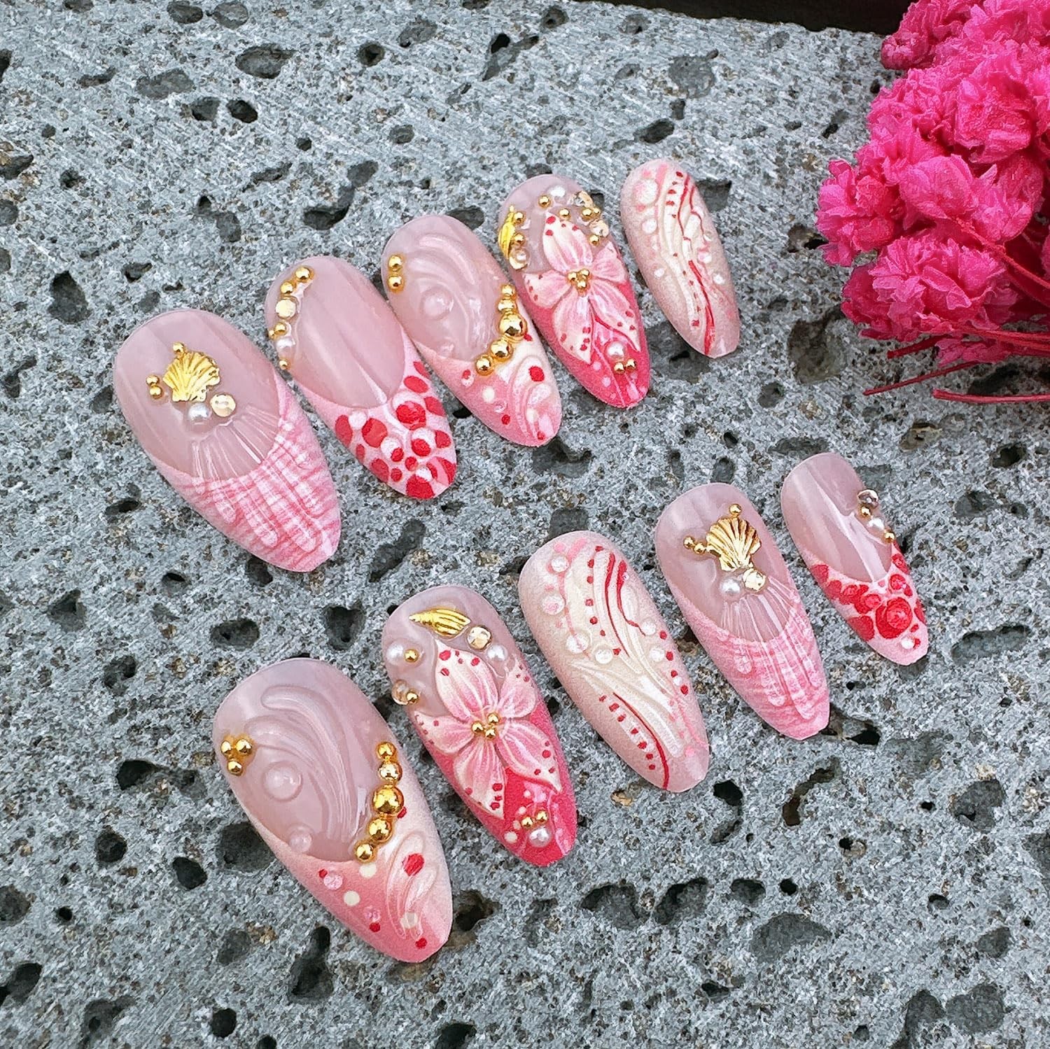 PSBRBAD Summer Flower Almond Press On Nails Medium