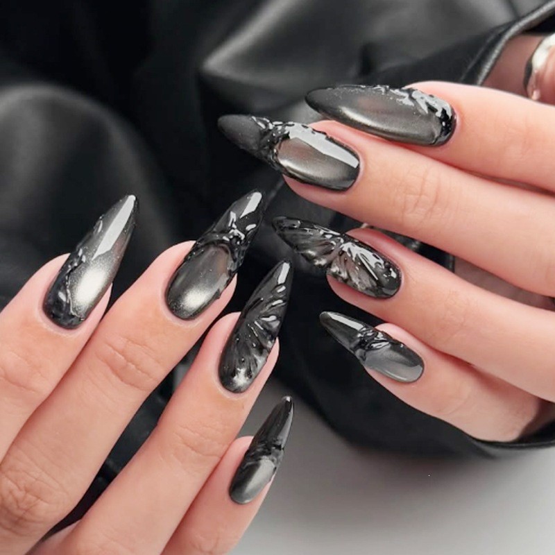 60pcs Stiletto Press on Nails, Black Silver Cat Eye 3D Butterfly Gothic Nails