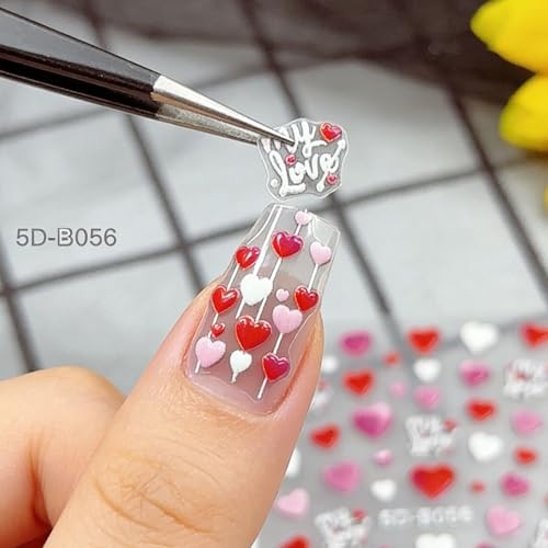 Valentine’s Day Nail Stickers for Women – 5D Heart Nail Decals, Red Pink E