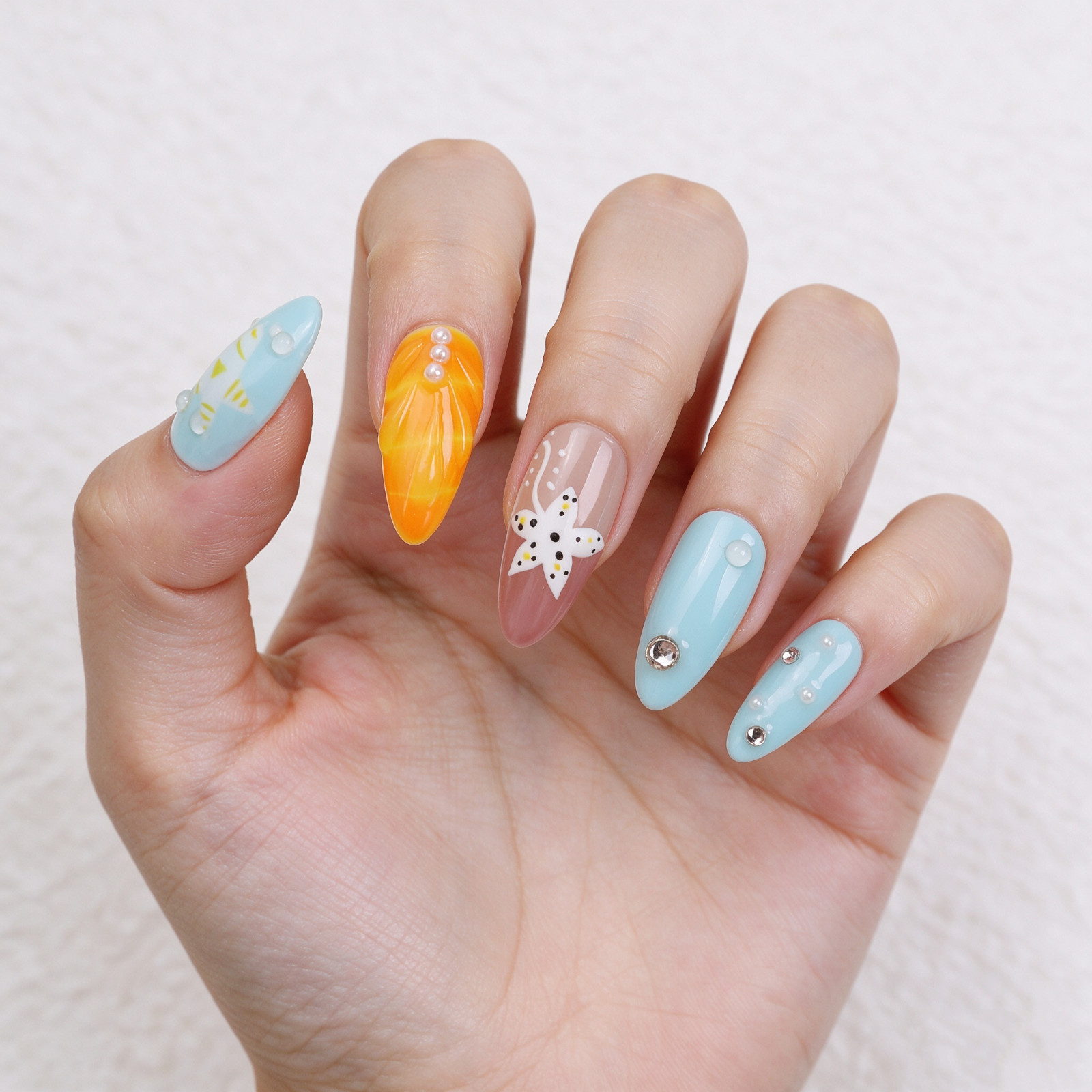 Press On Nails Medium Almond Blue Orange 3D Floral Pearl Summer Beach Nail Set