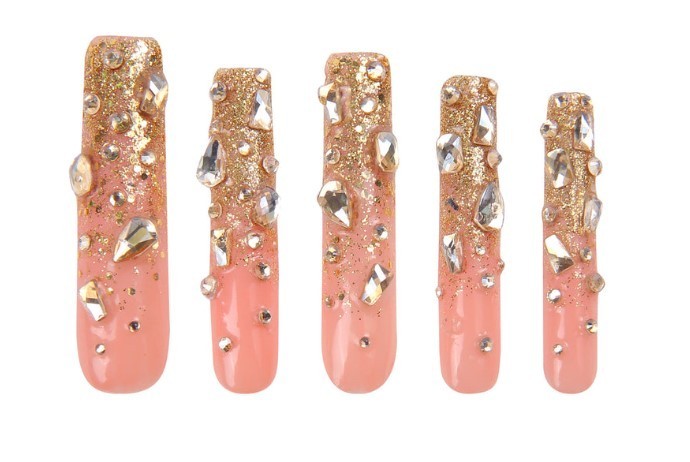 Lovful – Stardust Gold Rhinestone Handmade Stiletto Nails H84 (L) – Stiletto L