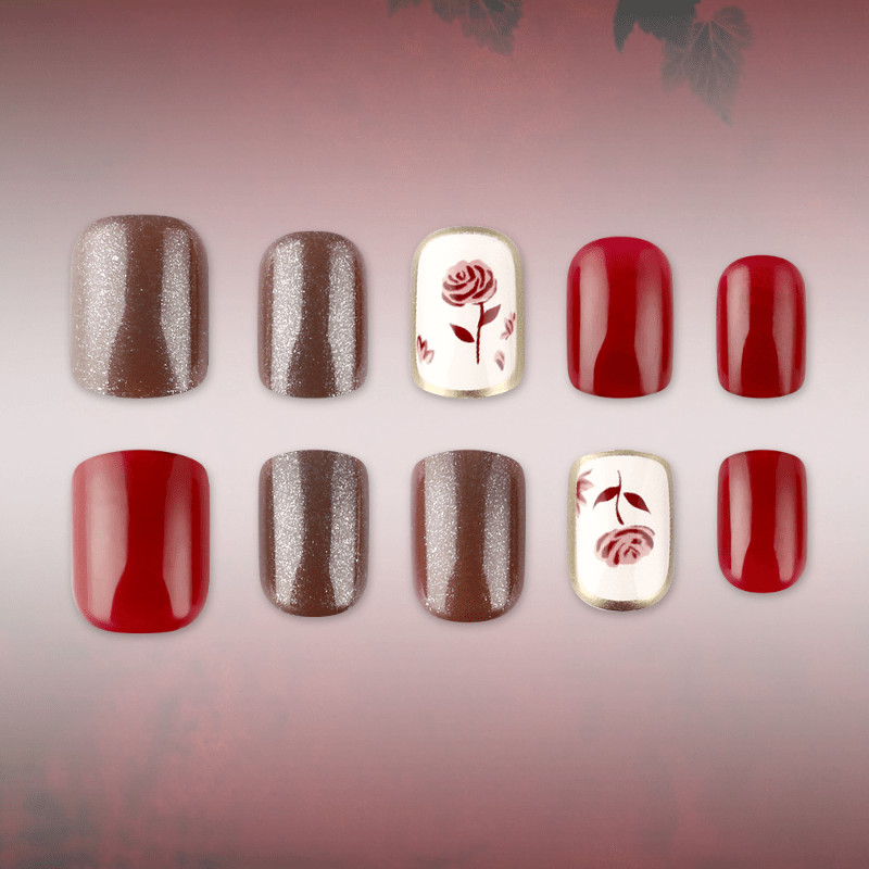 48 Pcs Wine Red Rose Short Square Press on Nails, Vintage Elegant Fake Nails