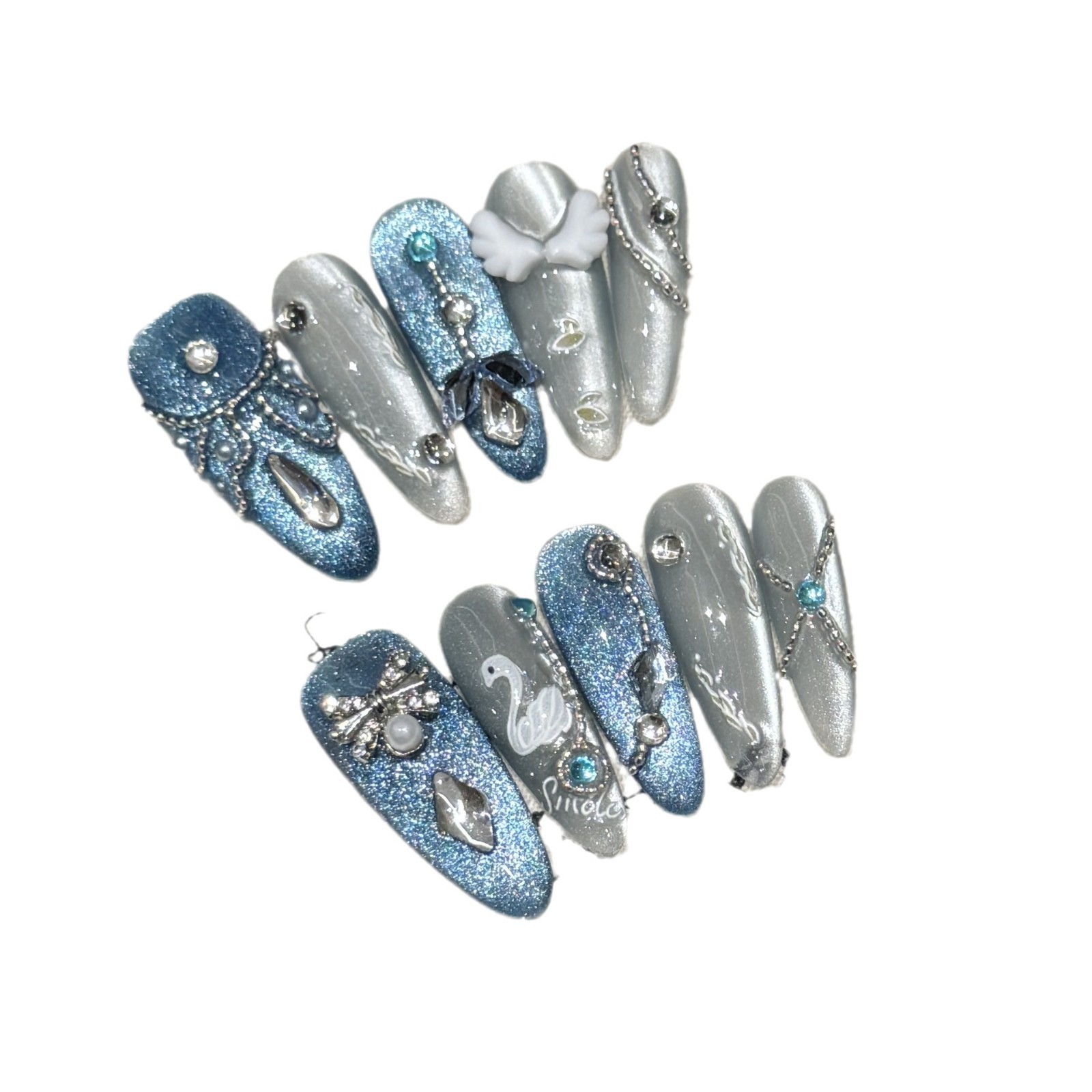 24PCS Blue Gray Cat Eye Press On Nails Angel Wing Feather Long Square False Nail