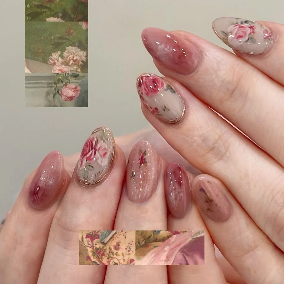 Temperament Gradient Rose 24pcs Almond Gentle Flower Press On False Fake Nails