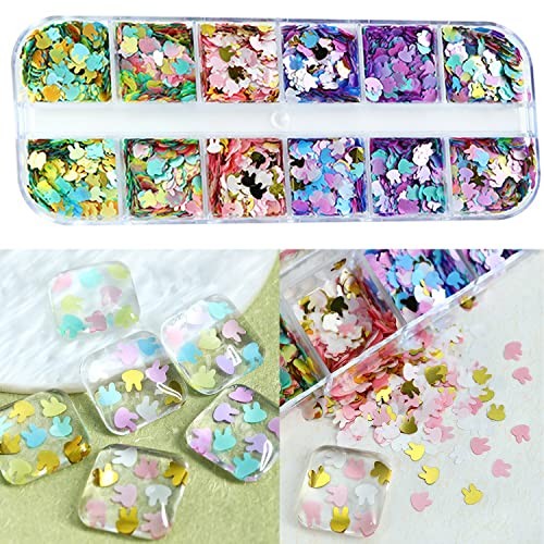Rabbit Nail Art Glitter Sequins 12 Grids Nail Sequins 3D Rabbit Flakes