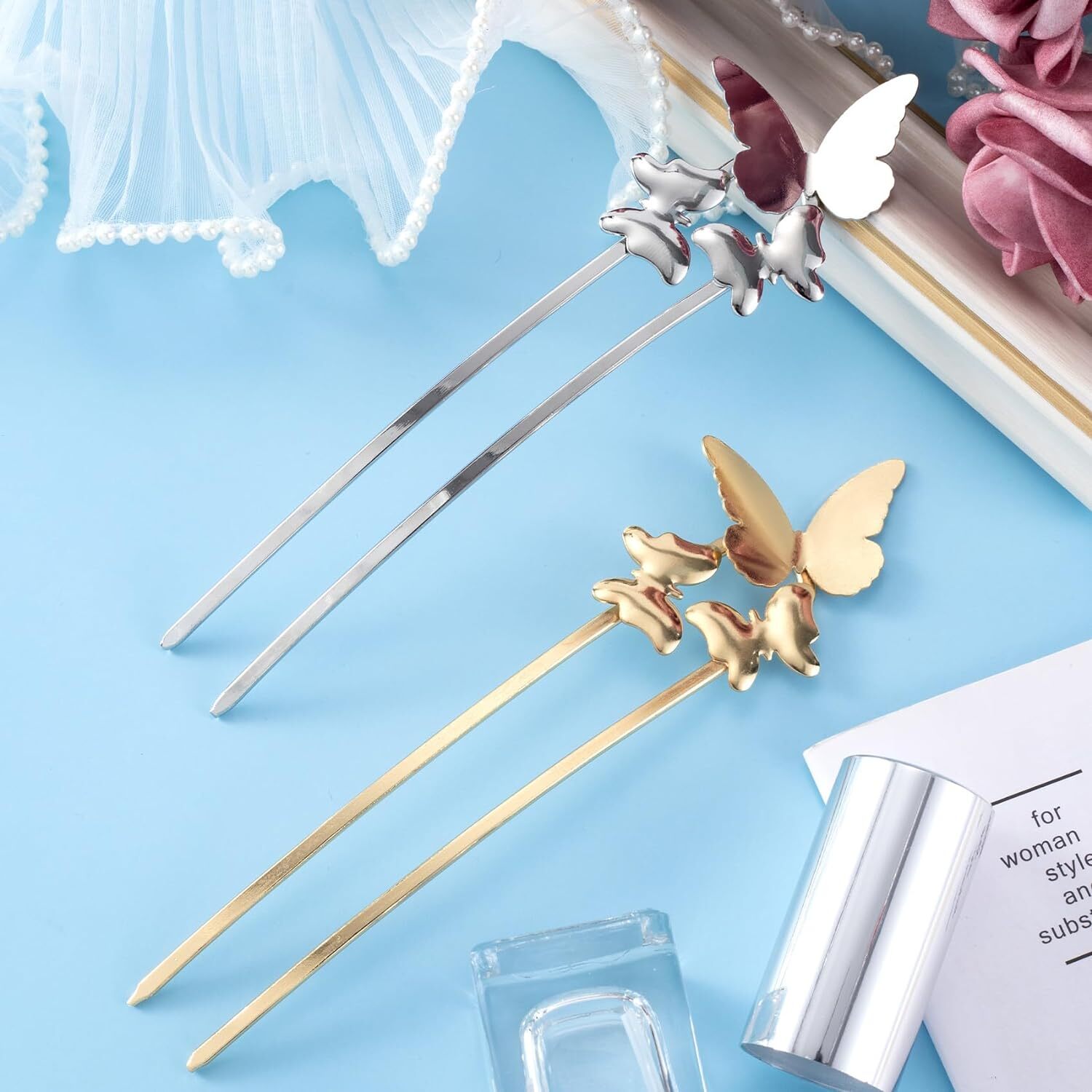 2pcs Butterfly U Shaped Hair Pins Metal French Retro Fork gold+sliver