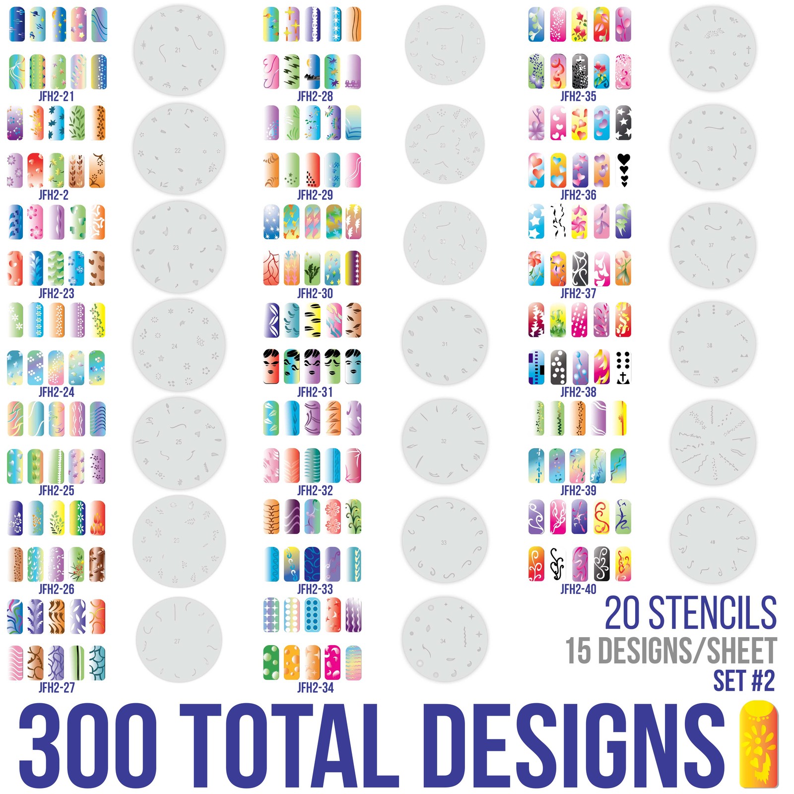 Set 2 320 Airbrush Nail Art STENCIL DESIGNS – 20 Template Sheets Kit Brush Paint