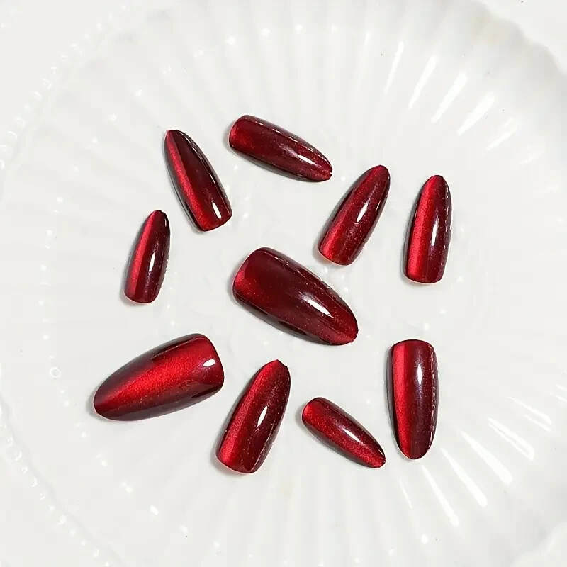 30pcs/set Y2K Aesthetics Blood Red Crystal Cat’S Eye Press On Nails Long Almond