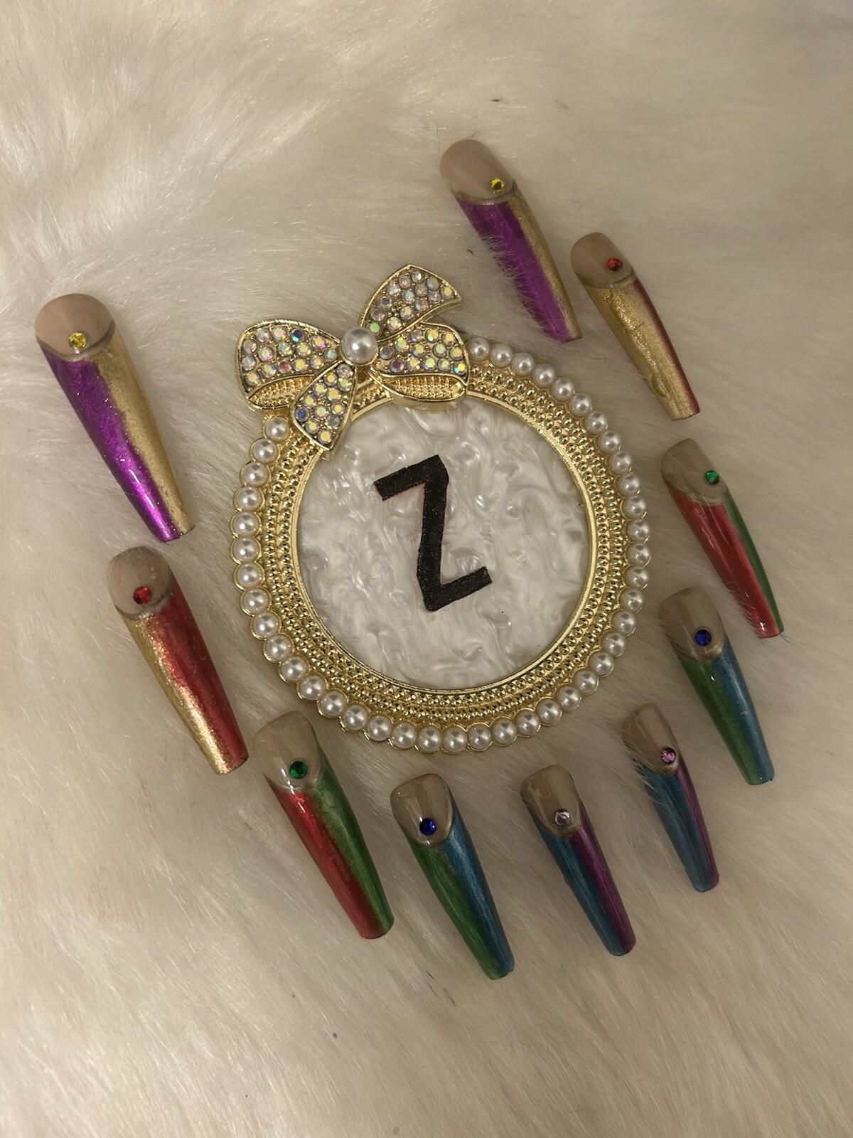 Z NAILZ! Gorgeous Set Of 2XL Metallic Rainbow Color Press On Nails With Stone