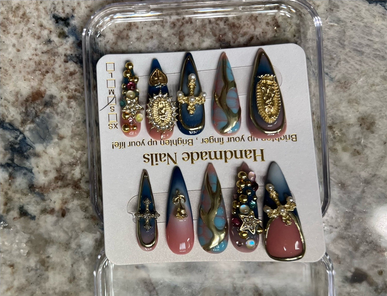 Handmade Nails Long Stiletto Press-On Nails Multicolor Shiny 3D Religious
