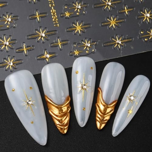 Holographic Gold Star Nail Stickers with 5D Embossed Rhinestones & Laser