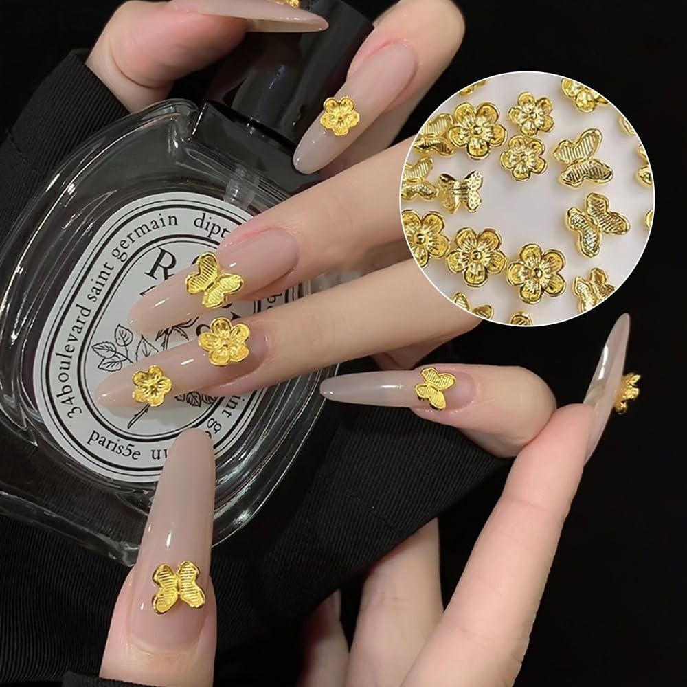 64PCS Gold Nail Charms Set with Y2k Alloy Steel Gems, 64 Pieces, gold