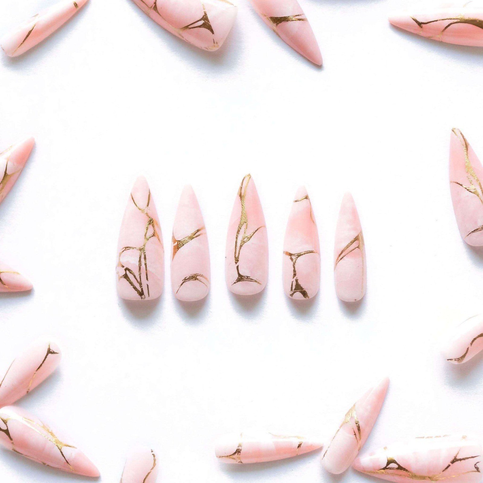 Siara Martin Beauty Charisma Press On Nails Pink Gold Marble Stiletto Long New