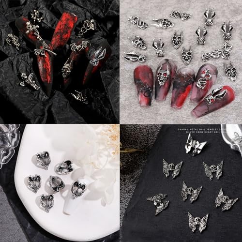 130pcs 3D Goth Nail Charms Y2K Chrome Nails Art & DIY Punk Bracelet Silver