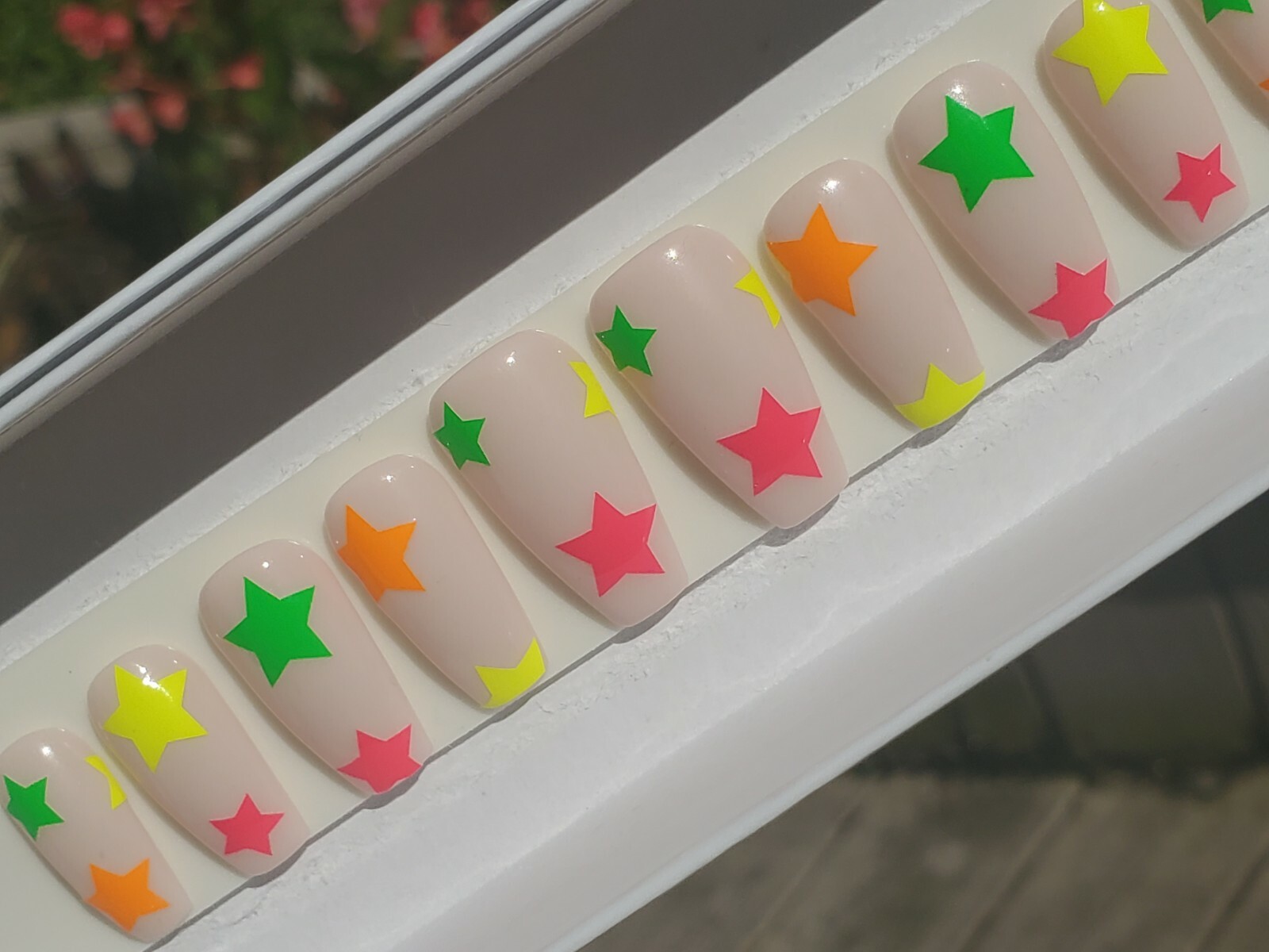 Nude & Neon star nails pink yellow orange green press on nails short coffin