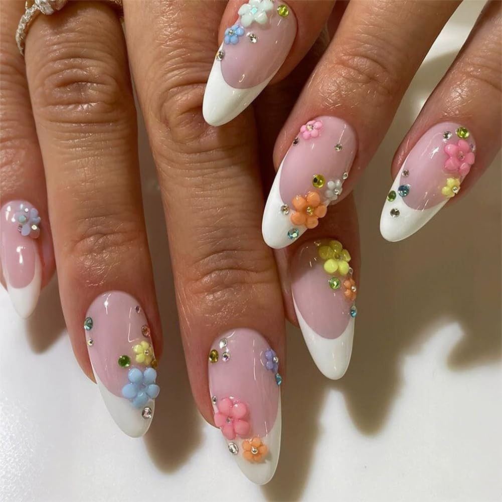 Medium Almond Press on Nails – White French Tip, Acrylic Fake Nails with 3D Flow