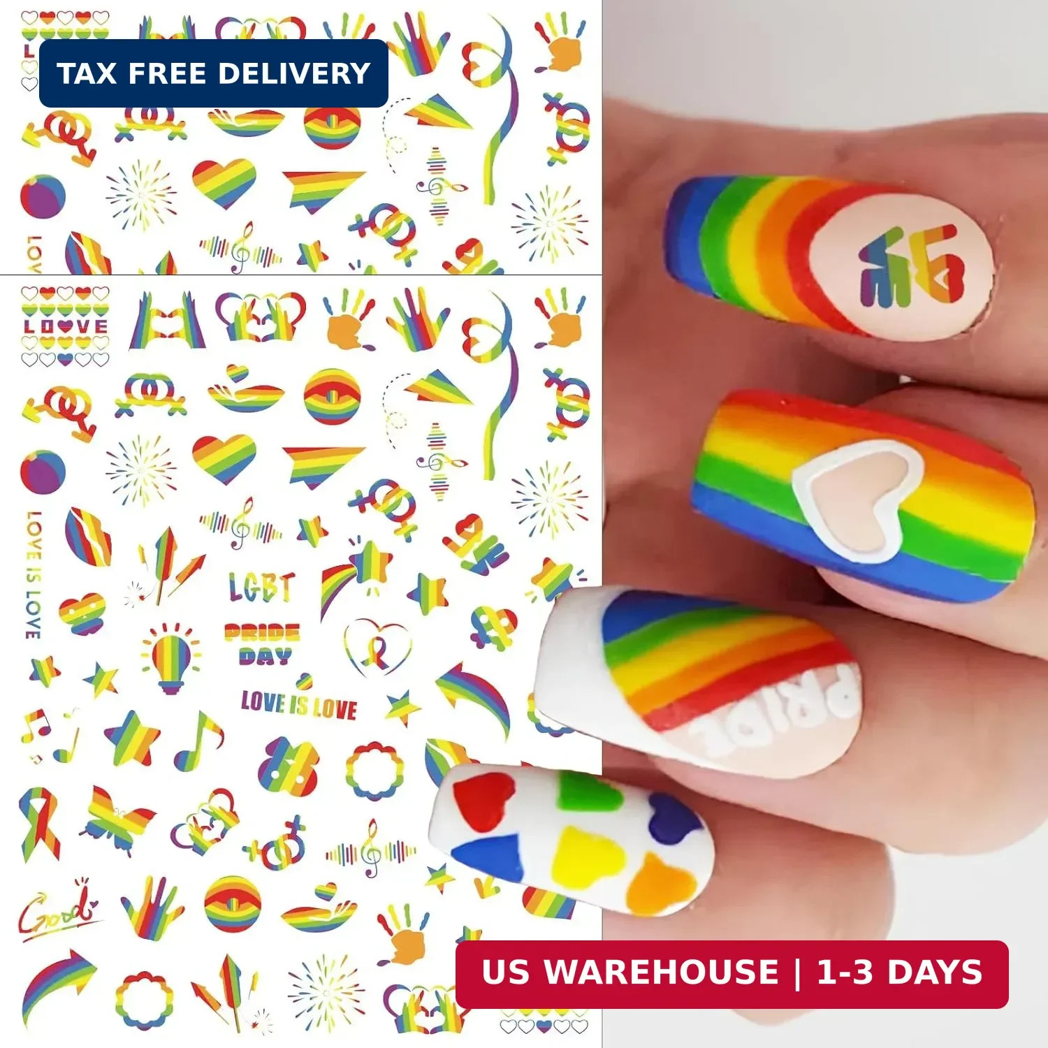4 Sheets LGBTQ+ Pride Nail Stickers Cute Rainbow Nail Art Decals 3D Self-Adhesiv