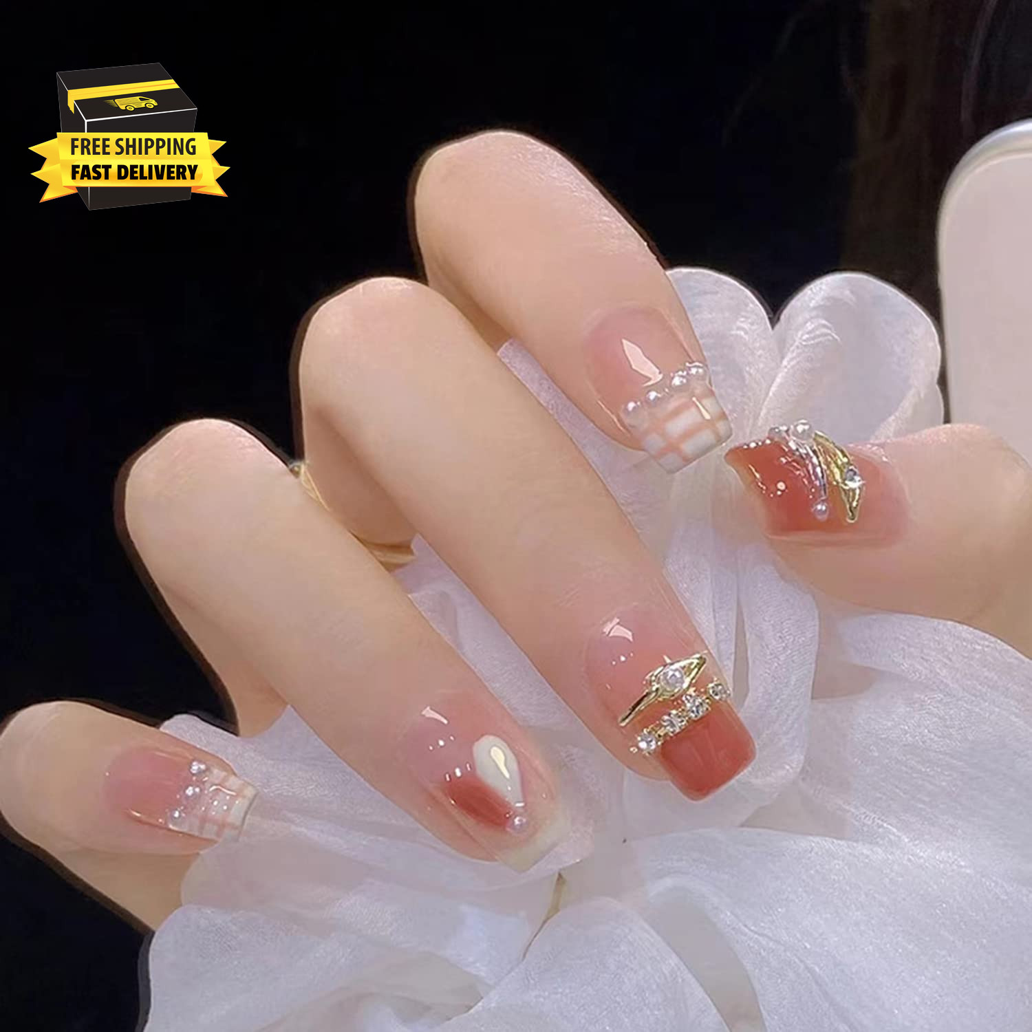 Rhinestone Artificial Fake Nails, 24Pcs Reusable Full Cover False Nails Kits for