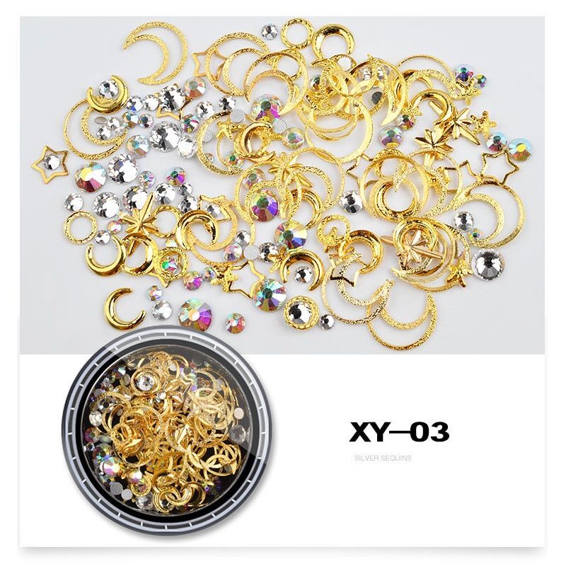 Mixed AB Crystal Rhinestones- Hollow Metal Studs 3D Gold Silver Moon Star Rivets