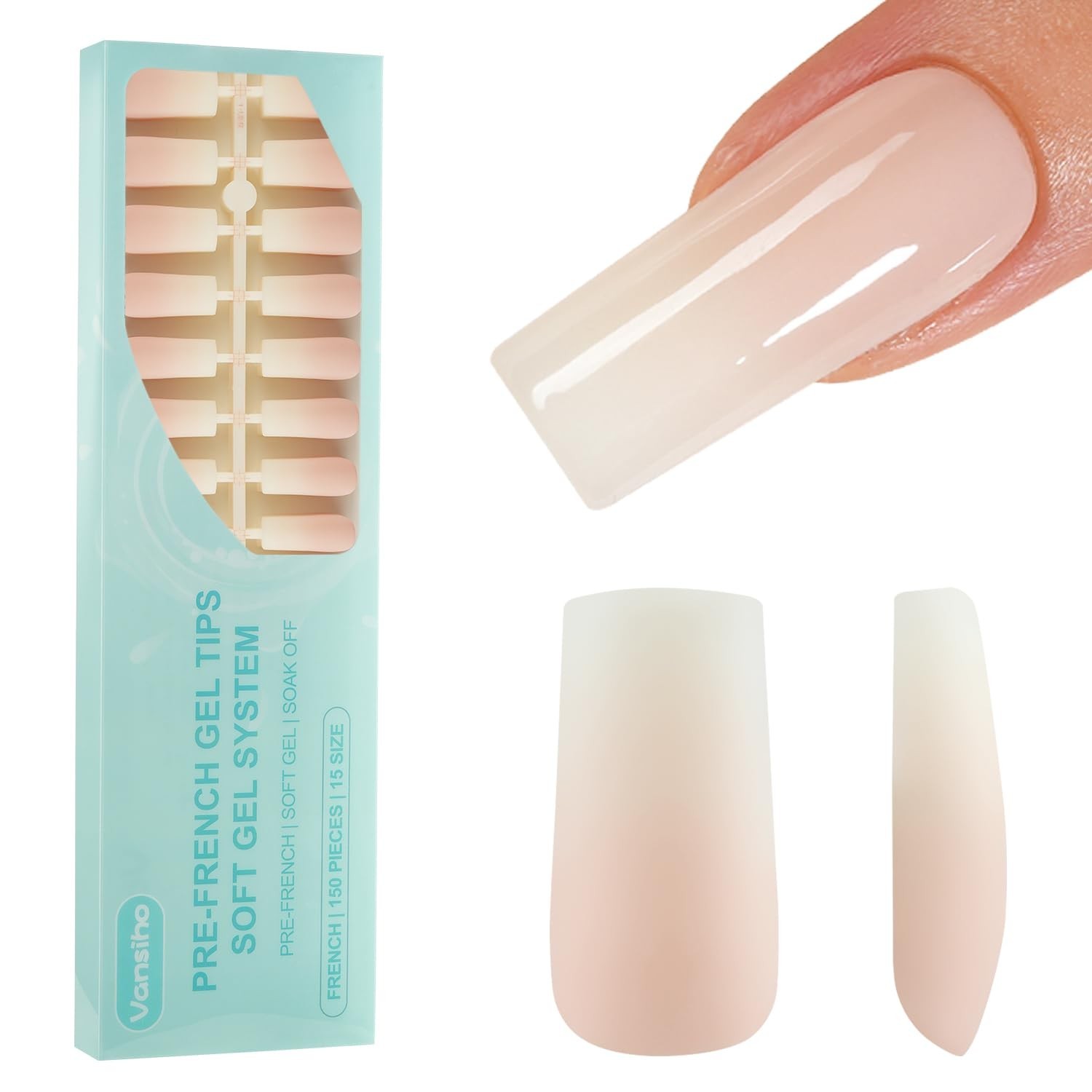 Ombre Gel Nail Tips, 150Pcs Peach Gradient Long Square Press on Nails, Soft G…