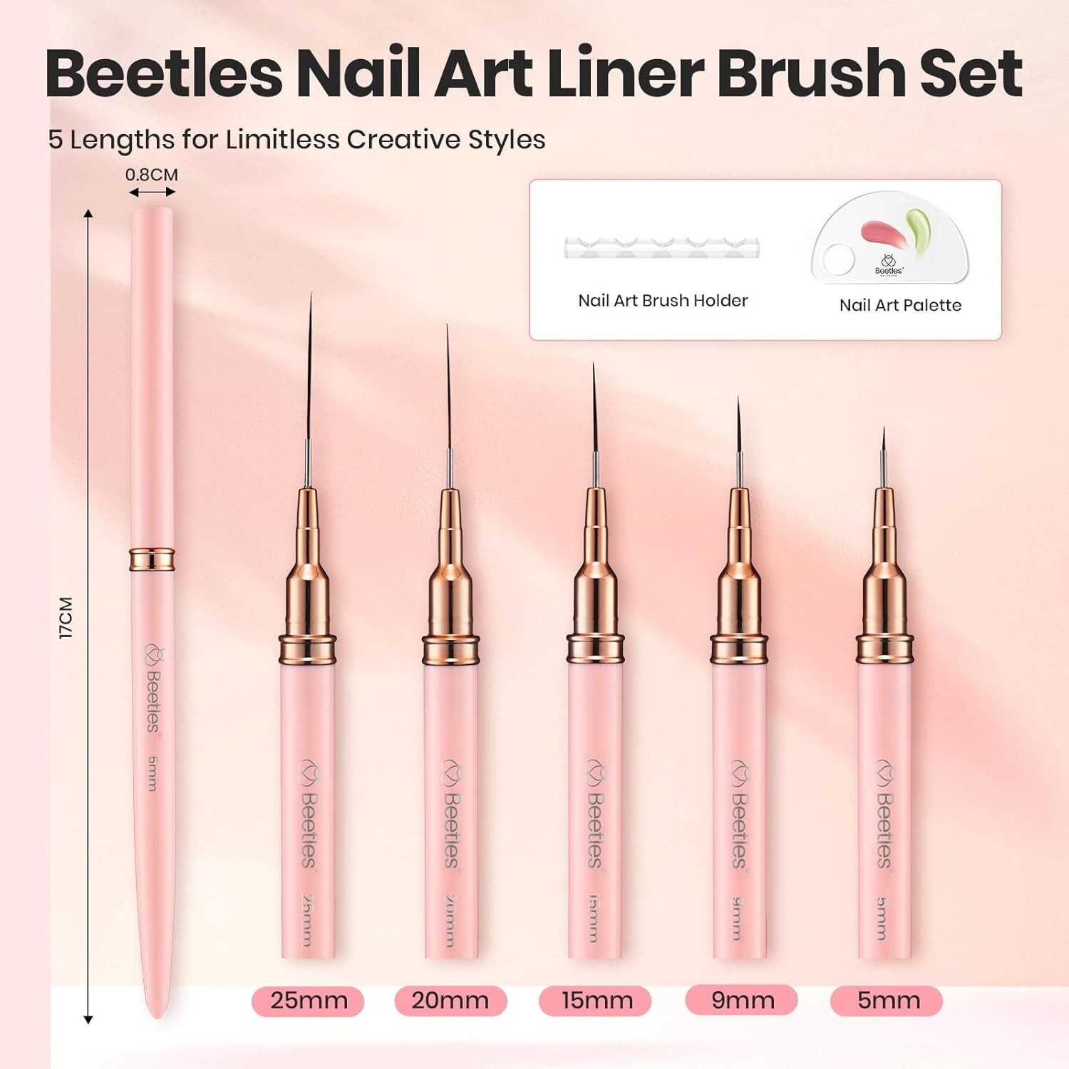 Beetles 5pcs Nail Art Brushes Set for Detailed Designs – Pink Liner Sizes 5-25mm