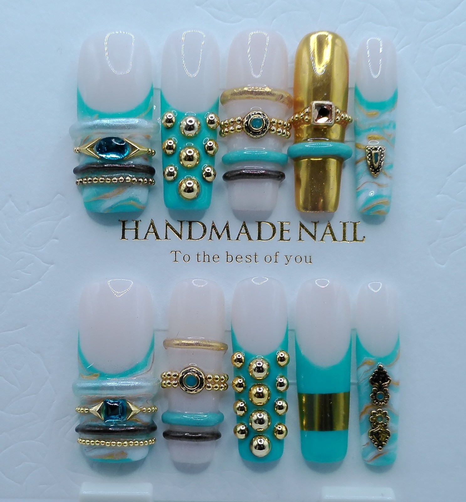 Medium Square Bangle White and Turquoise Square Press-on Nails – Medium Size