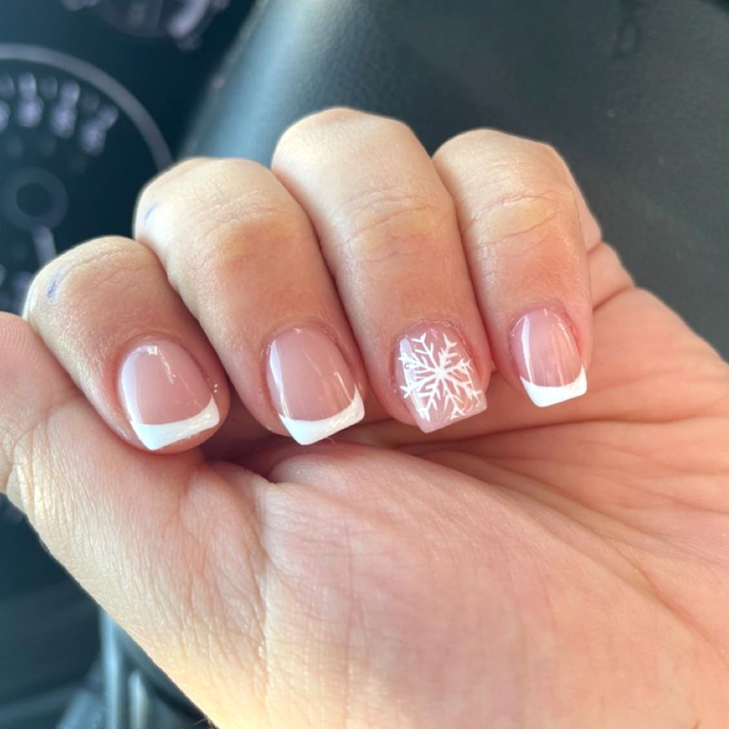 LWTZLW Christmas Press on Nails French Tip Short Square False Nails Snow Full…